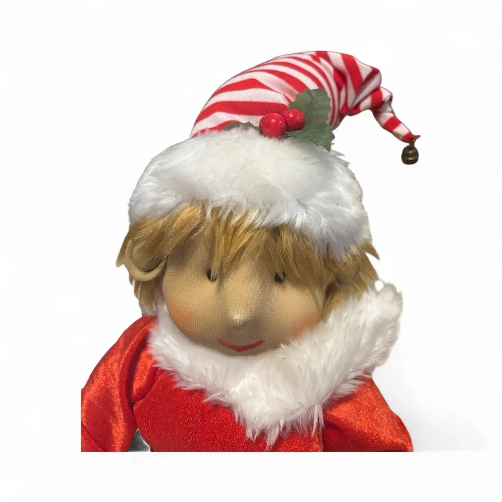 Festive Red Elf Christmas Doll with Striped Legs Posable in excellent condition